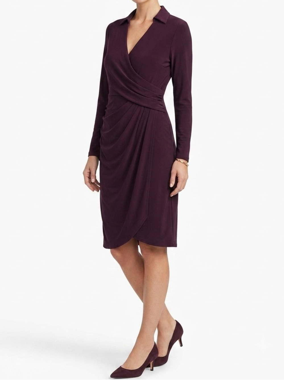 White House Black Market Plum Ruched Draped Faux Wrap Collared Dress - Size 12